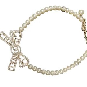 Ch*anel Pearl Necklace with Gold Accents